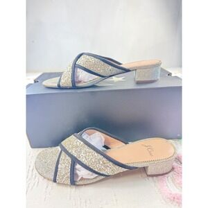 J. Crew Womens Glitter Criss Cross Slip On Block Heel Sandals‎ Slides Size 8